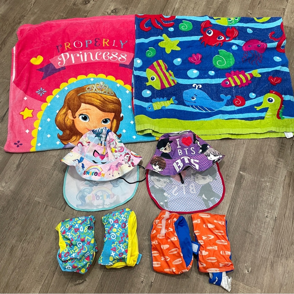 Colorful Kids Swim Set Lot Beach Towel Hats Inflatable Arm Floaties Pool Beach